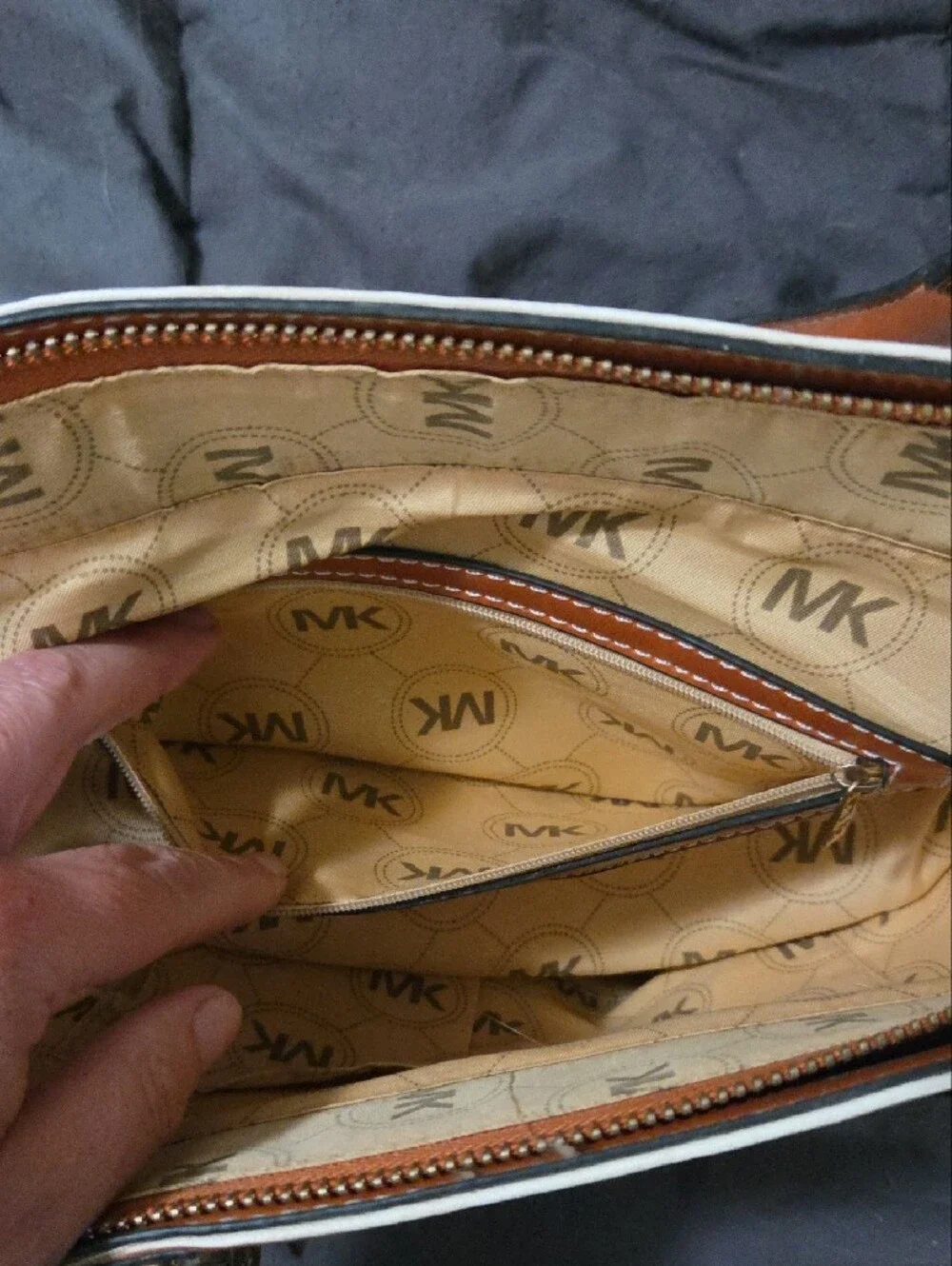 Michael Kors Brown and White Striped Satchel with Gold Hardware